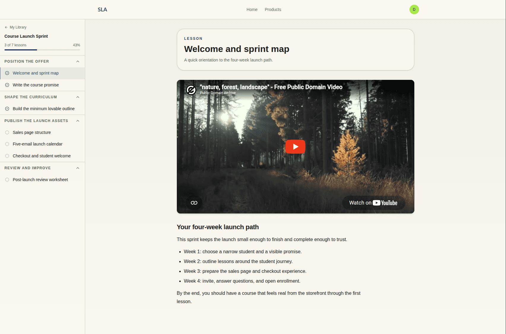 Course player interface with lesson content and progress navigation.