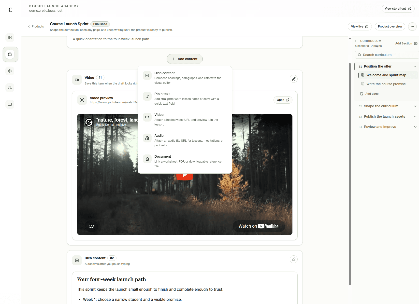 Course editor with structured curriculum sections and page selection for a published product.