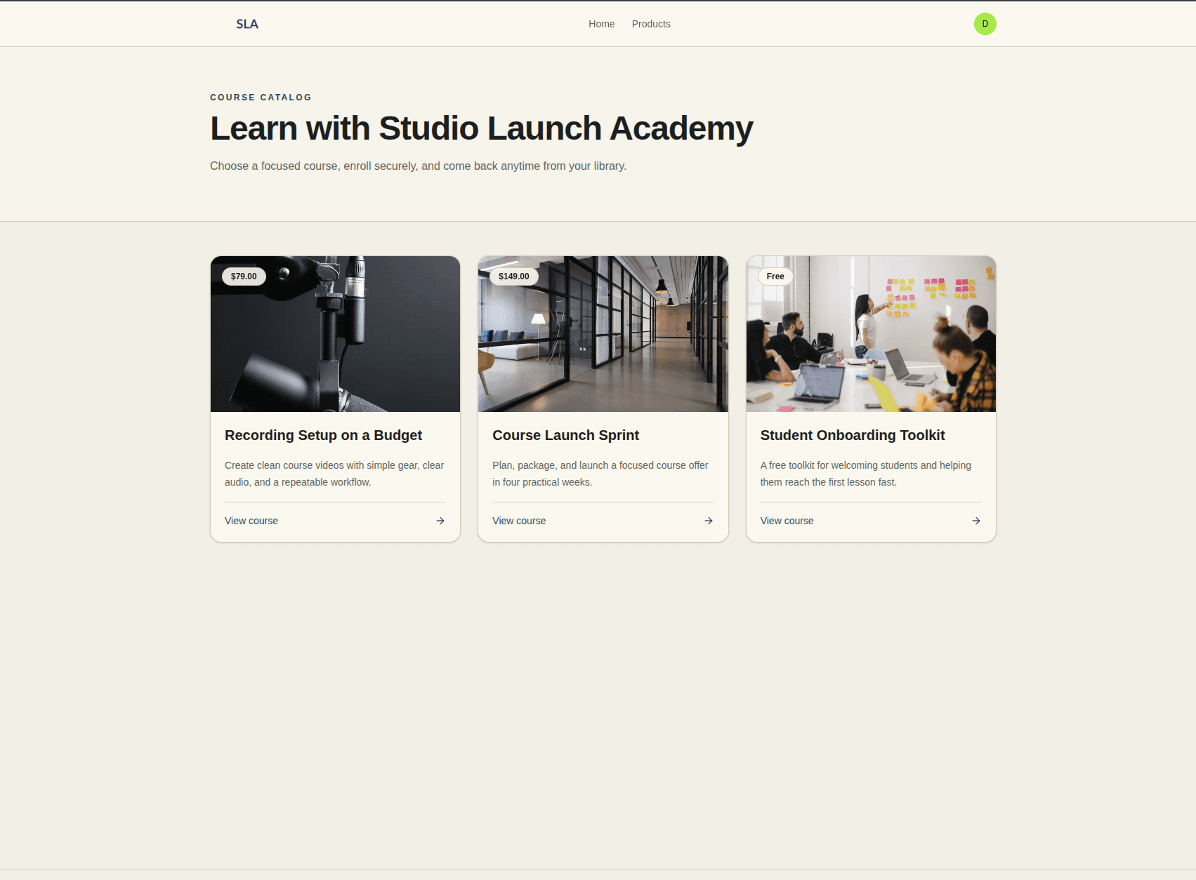 A branded storefront product listing for online courses.
